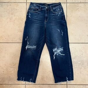 Judy Blue Wide Leg Cropped Jeans‎ 7/28 Dark Wash Distressed Raw Hem Stretch